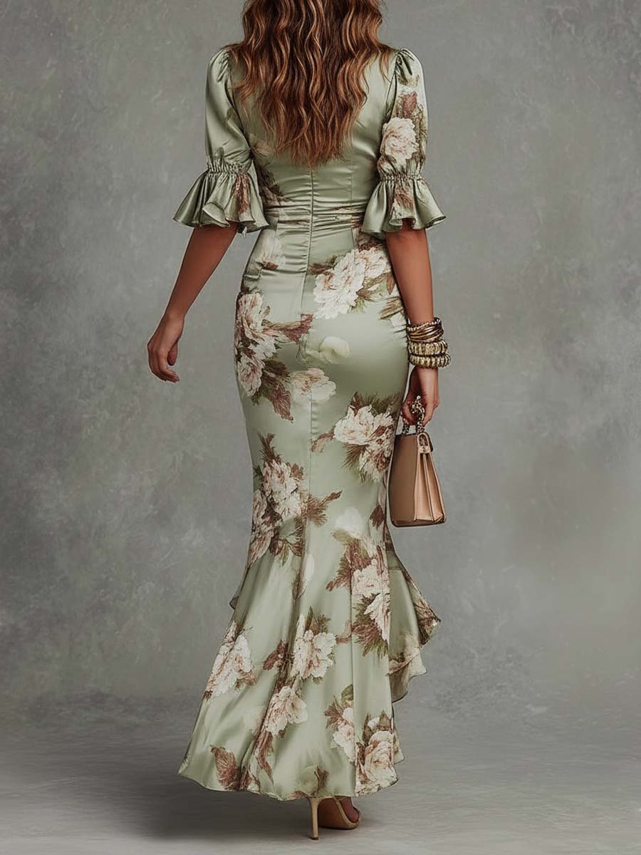 Green Floral Bell-Sleeve Satin Maxi Dress — Green