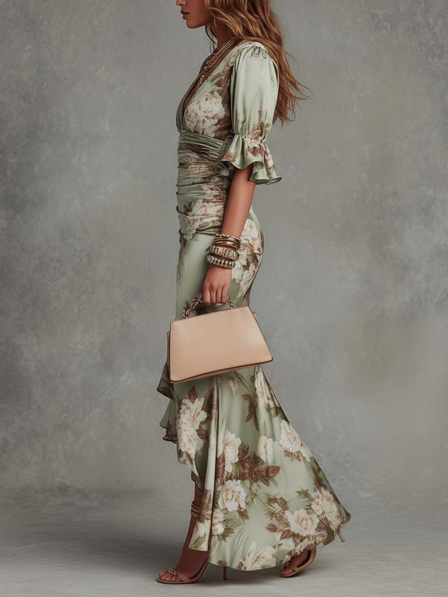 Green Floral Bell-Sleeve Satin Maxi Dress — Green