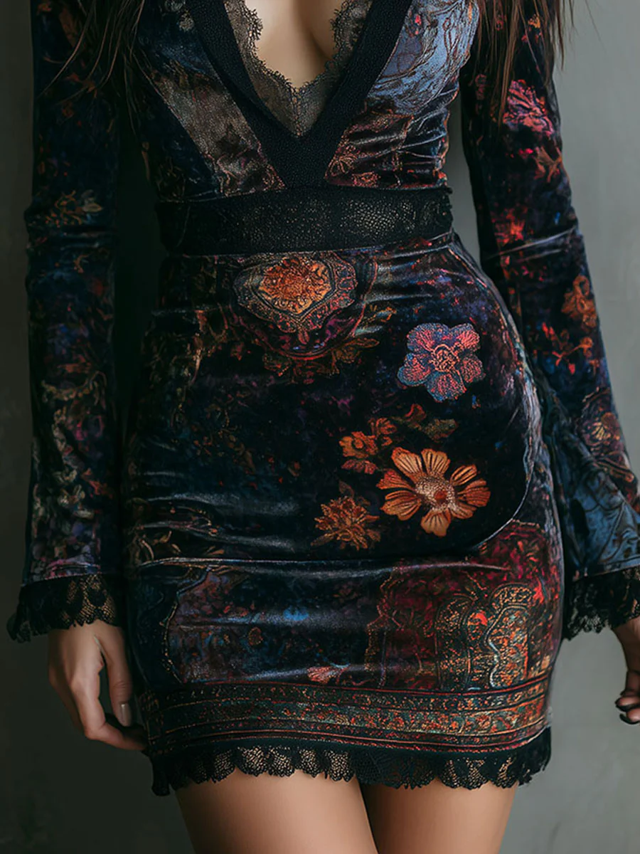Boho Floral Velvet Lace-Trim Mini Dress — Floral