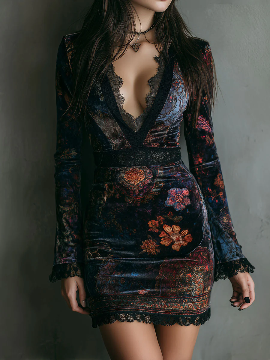 Boho Floral Velvet Lace-Trim Mini Dress — Floral