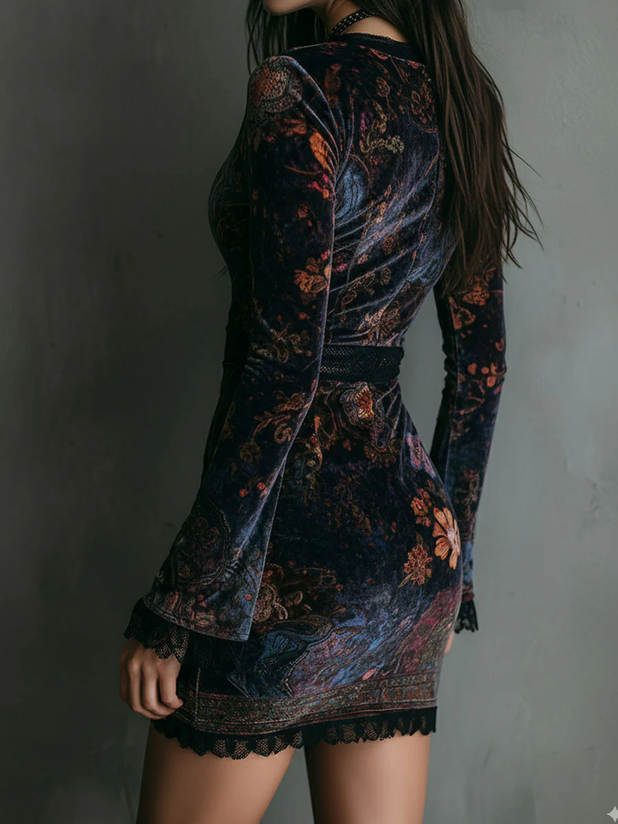 Boho Floral Velvet Lace-Trim Mini Dress — Floral