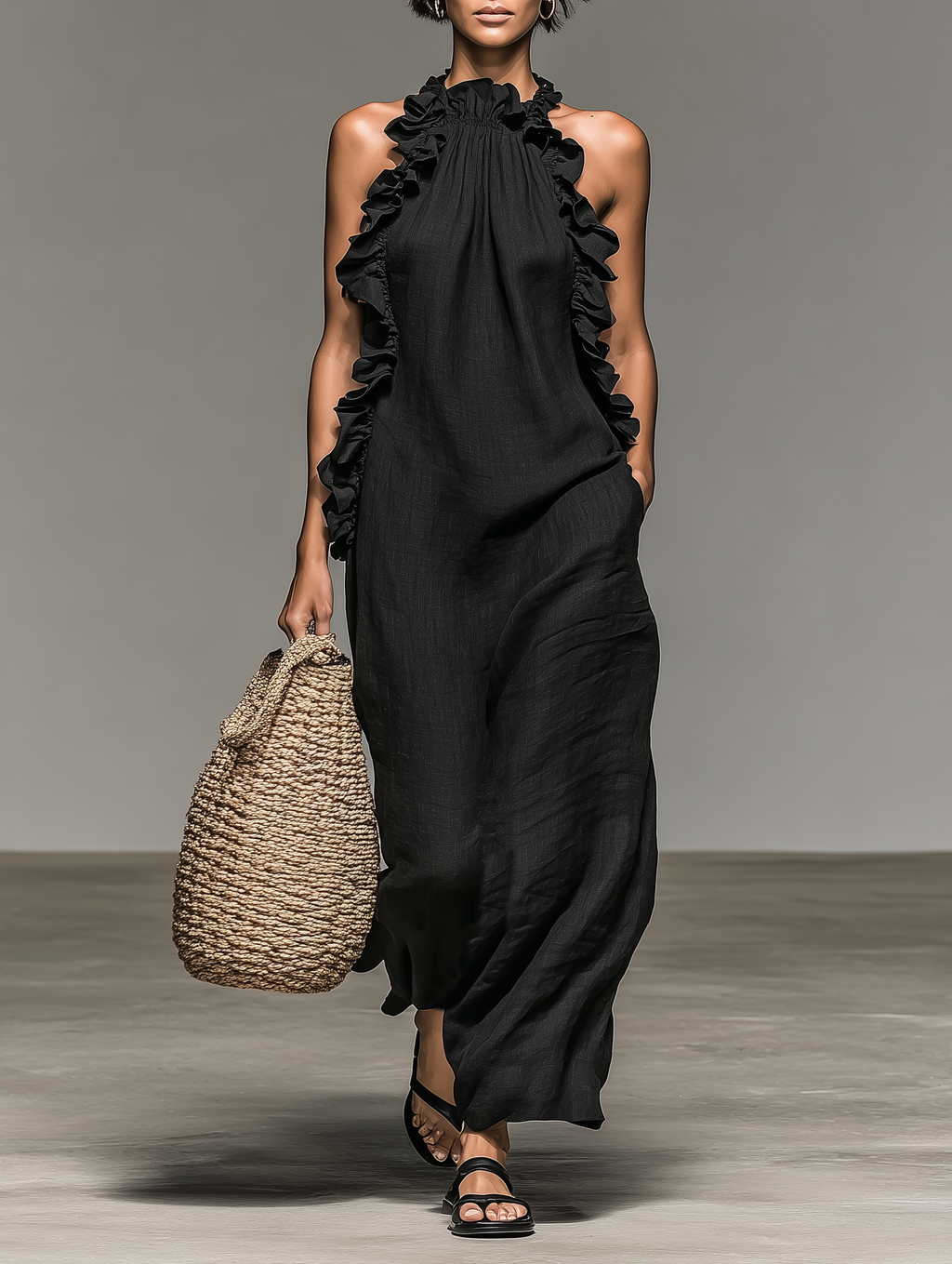 Women's Minimalist Linen-blend Sleeveless Maxi Dress With Ruffle