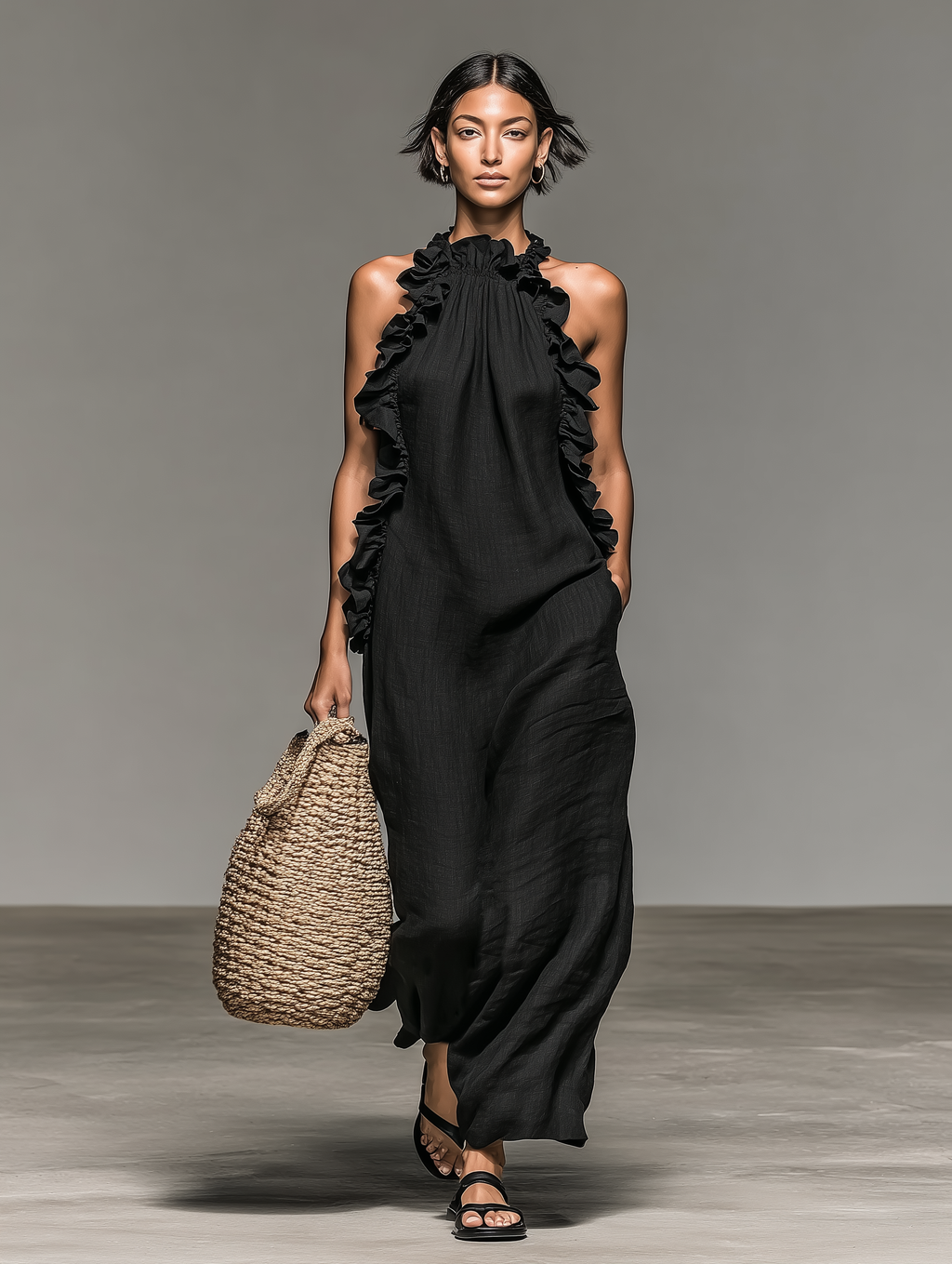 Women's Minimalist Linen-blend Sleeveless Maxi Dress With Ruffle