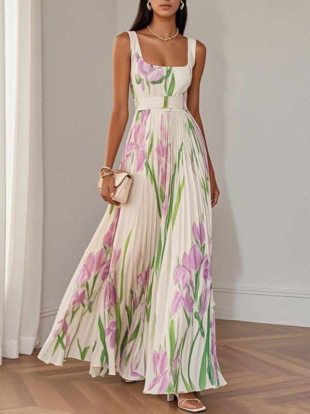 Pleated Floral Chiffon Square-Neck Maxi Dress — White