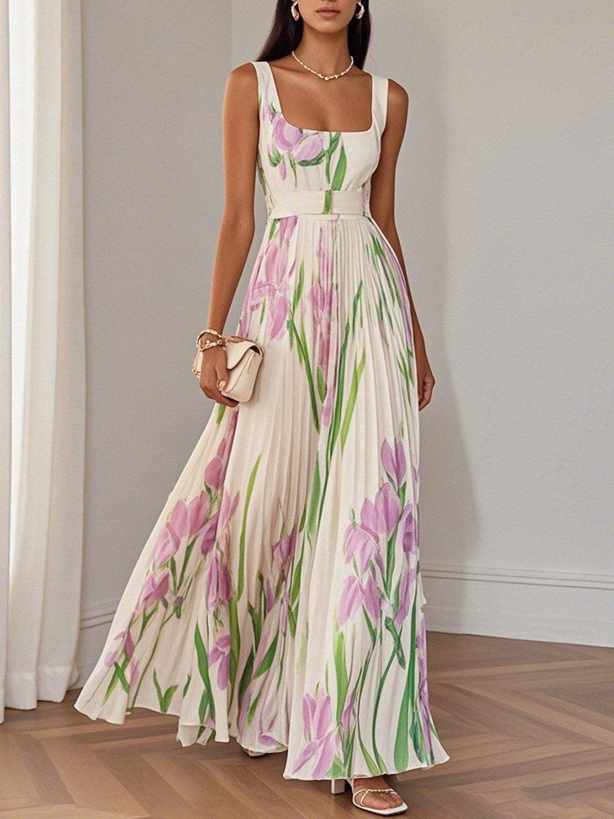 Pleated Floral Chiffon Square-Neck Maxi Dress — White