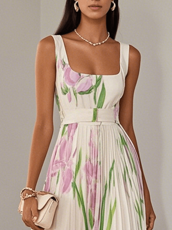 Pleated Floral Chiffon Square-Neck Maxi Dress — White