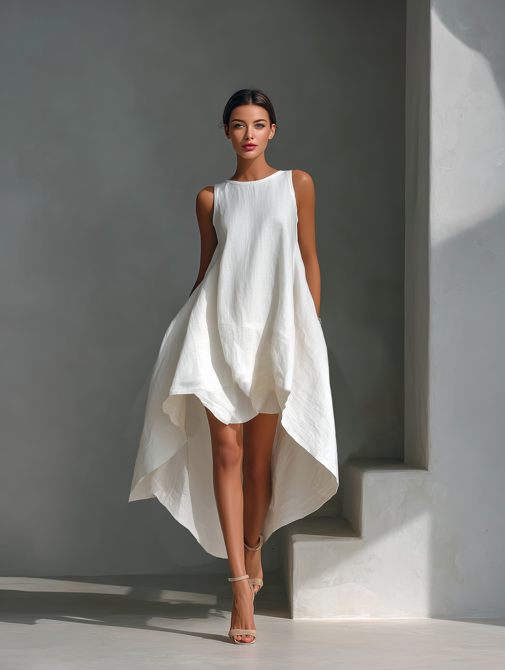 Women's White Linen Fabric Sleeveless Midi Dress With Round Neck & Asymmetric