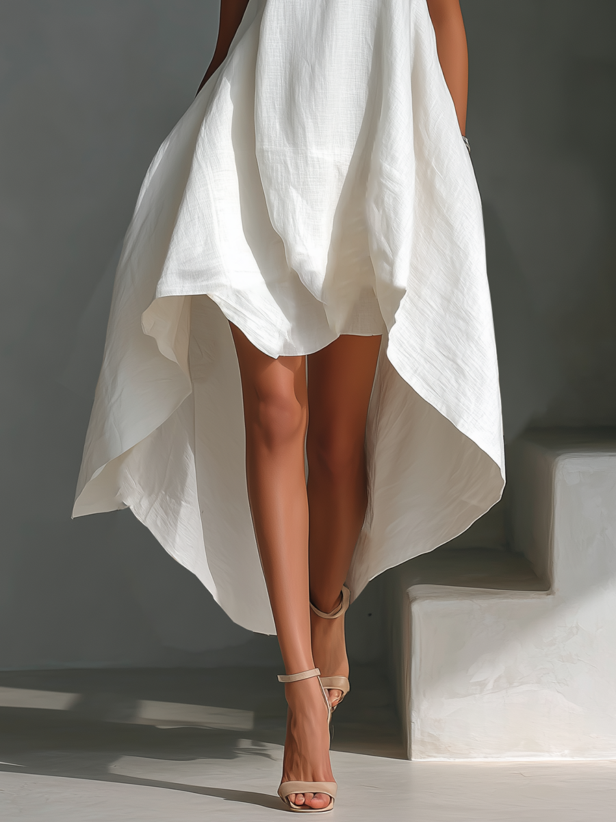 Women's White Linen Fabric Sleeveless Midi Dress With Round Neck & Asymmetric