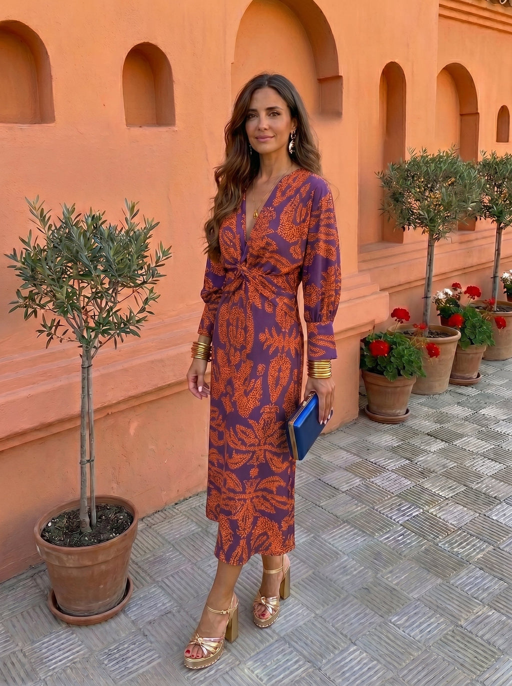 Silvia&trade; | Midi Printed Dress with V-Neckline