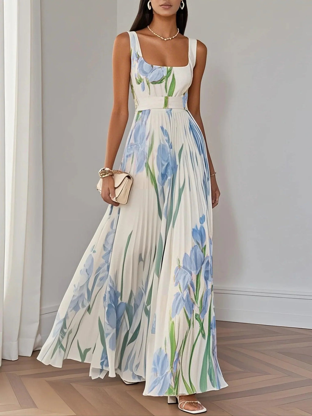 Pleated Floral Chiffon Square-Neck Maxi Dress — White