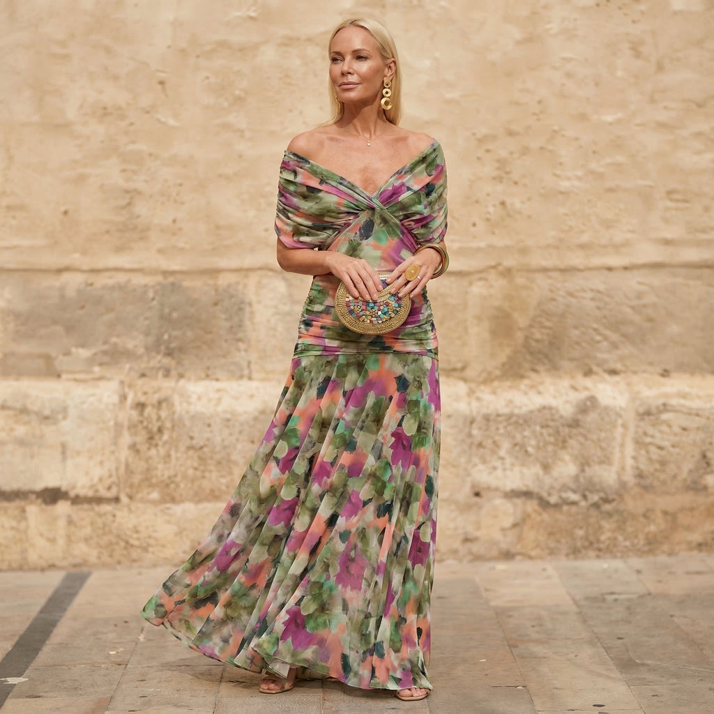 Florendra | Elegant Floral Maxi Dress — Purple