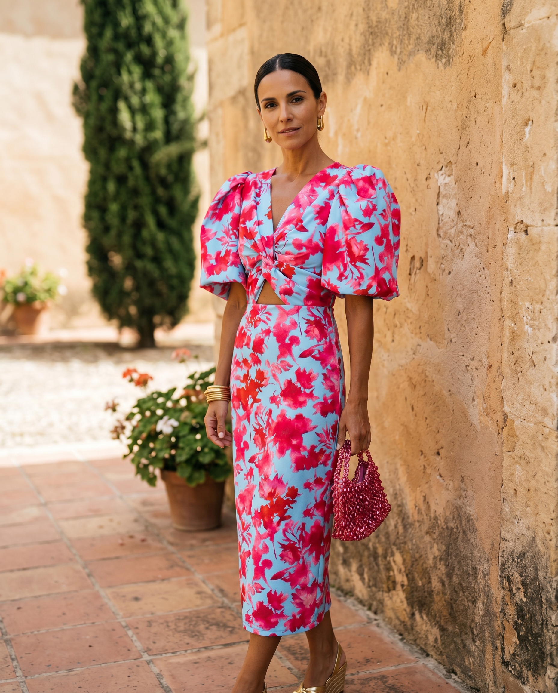 Carla | Midi Print Dress with Puff Sleeves