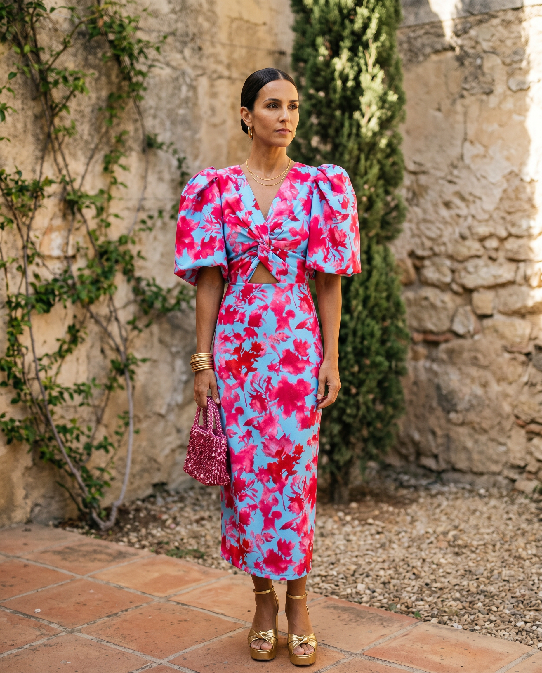 Carla | Midi Print Dress with Puff Sleeves
