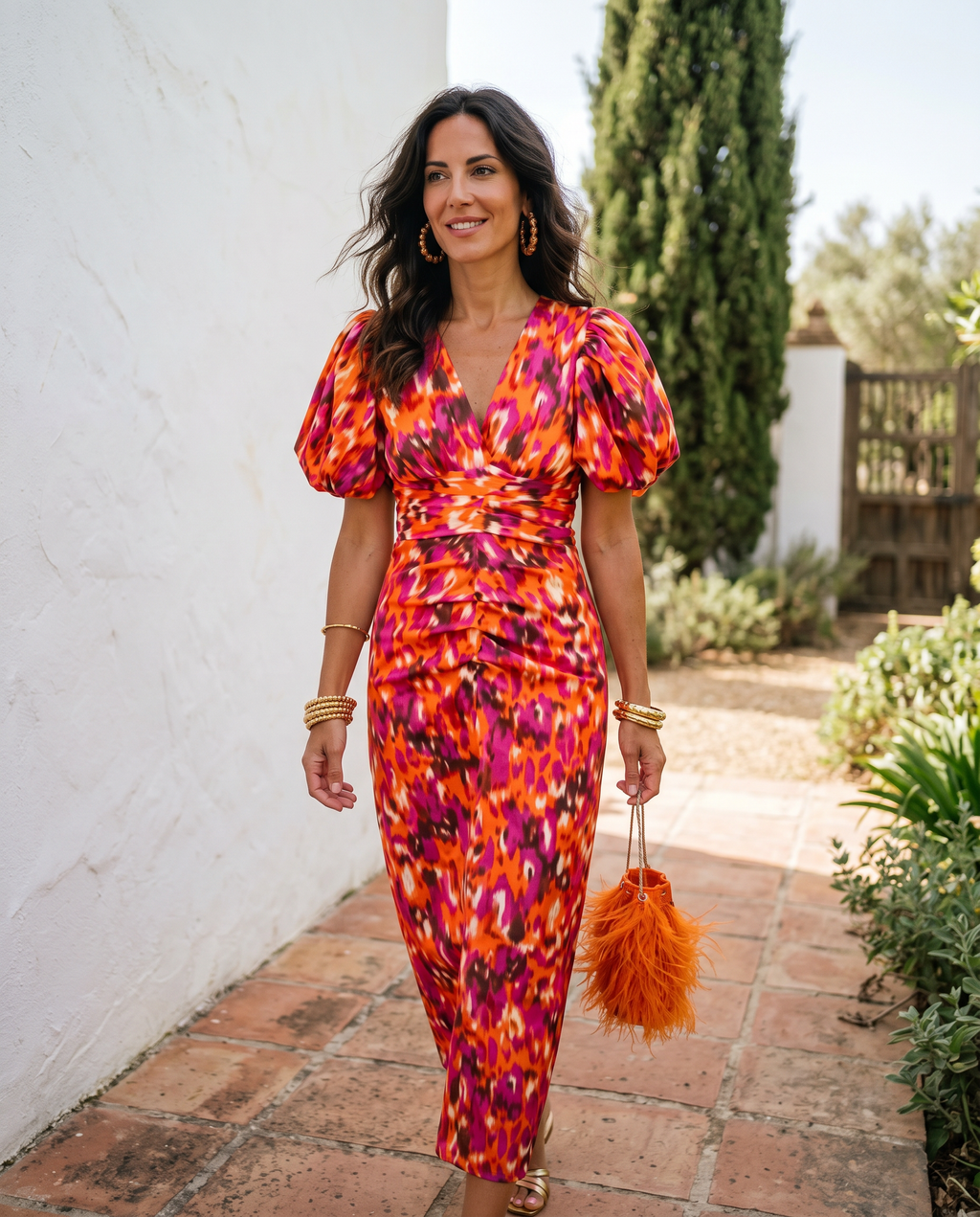 Carla | Midi Print Dress with Puff Sleeves