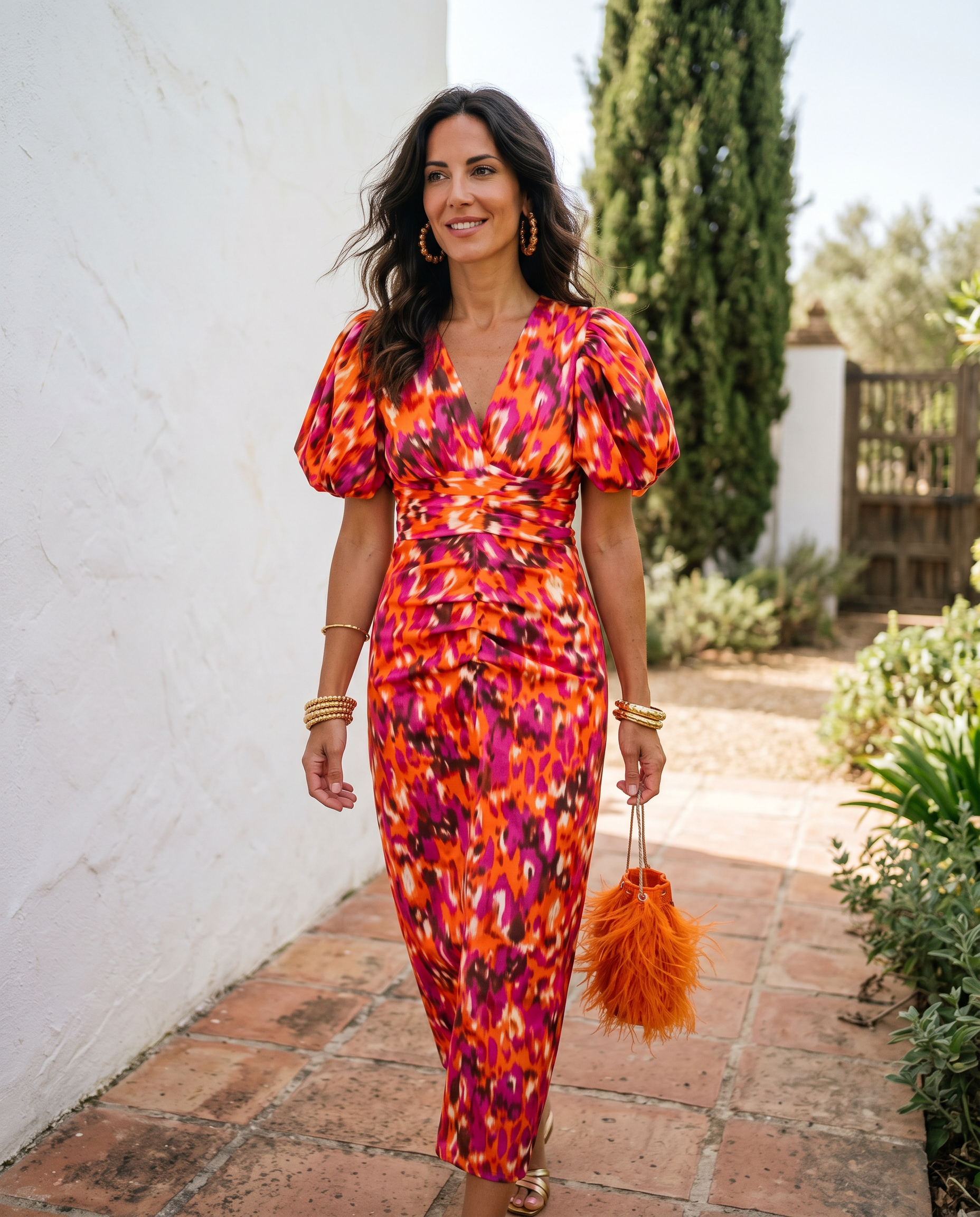 Carla | Midi Print Dress with Puff Sleeves