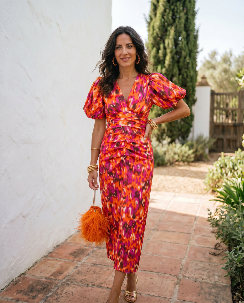 Carla | Midi Print Dress with Puff Sleeves