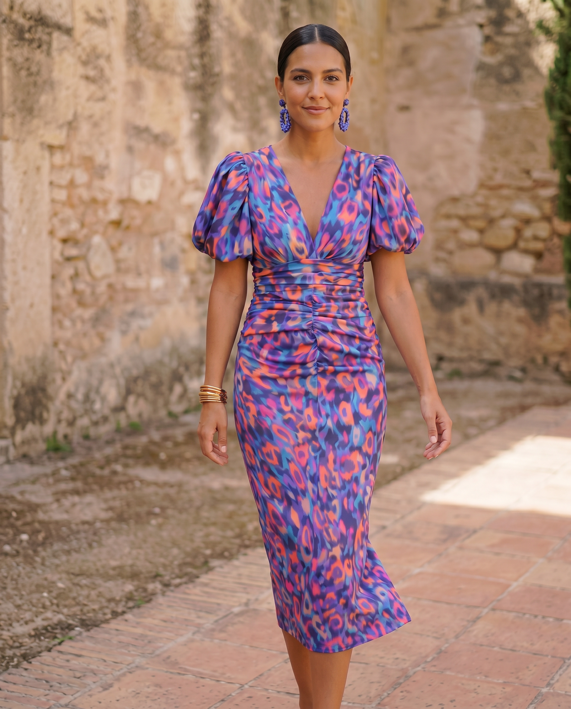 Carla | Midi Print Dress with Puff Sleeves