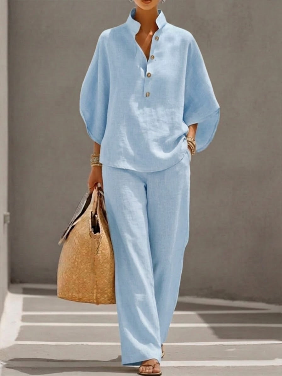 Mariel | Co-ord Set Two-Piece Linen-Effect With Batwing Sleeves & Trousers Flowing