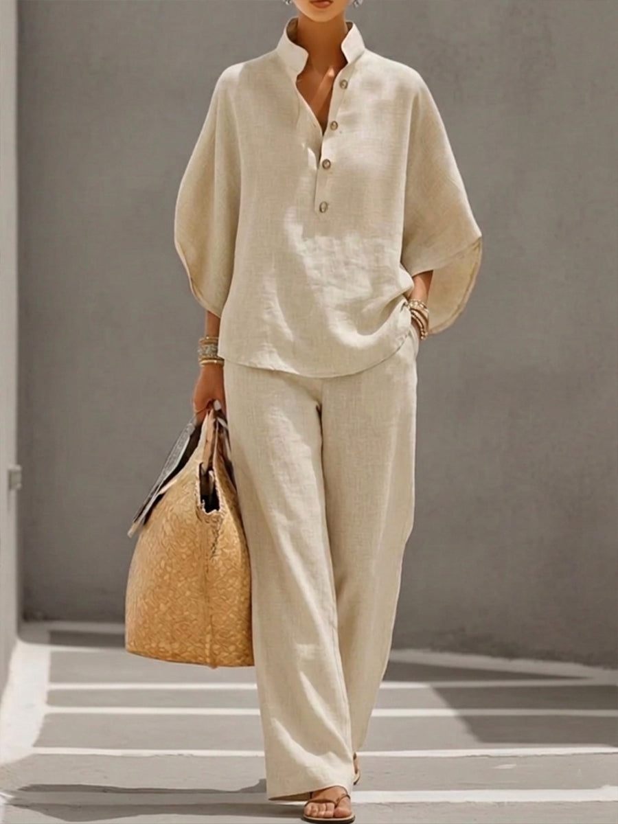 Mariel | Co-ord Set Two-Piece Linen-Effect With Batwing Sleeves & Trousers Flowing