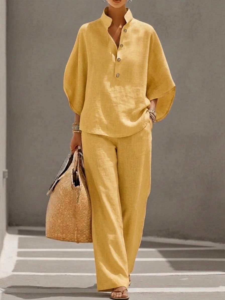 Mariel | Co-ord Set Two-Piece Linen-Effect With Batwing Sleeves & Trousers Flowing