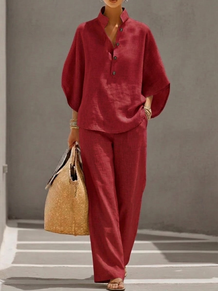 Mariel | Co-ord Set Two-Piece Linen-Effect With Batwing Sleeves & Trousers Flowing