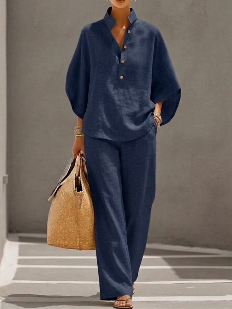 Mariel | Co-ord Set Two-Piece Linen-Effect With Batwing Sleeves & Trousers Flowing