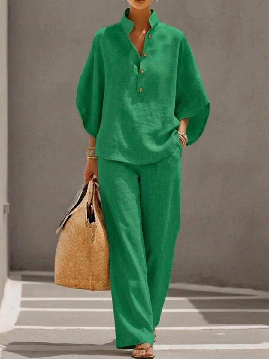 Mariel | Co-ord Set Two-Piece Linen-Effect With Batwing Sleeves & Trousers Flowing