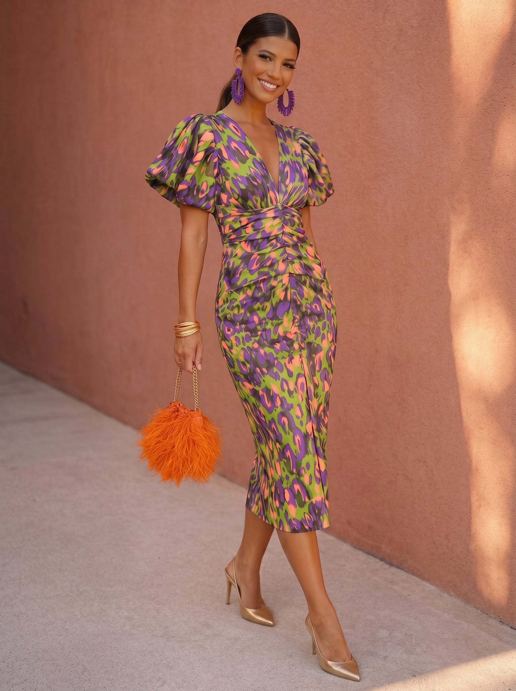 Carla | Printed Puff-Sleeve Midi Dress — Orange